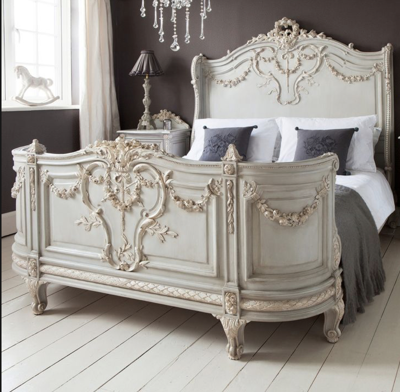 ROMANTIC FRENCH PROVINCIAL STYLE ANTIQUE GRAY QUEEN BED BEDROOM FURNITURE 