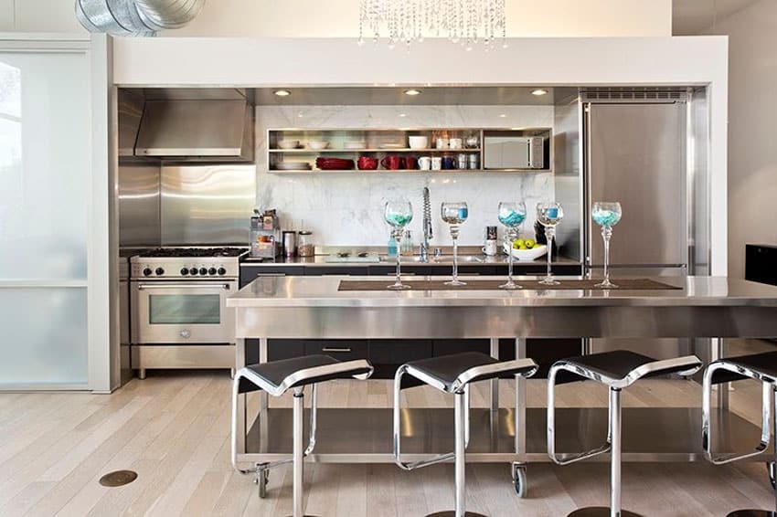 Stainless steel kitchen island store with stools