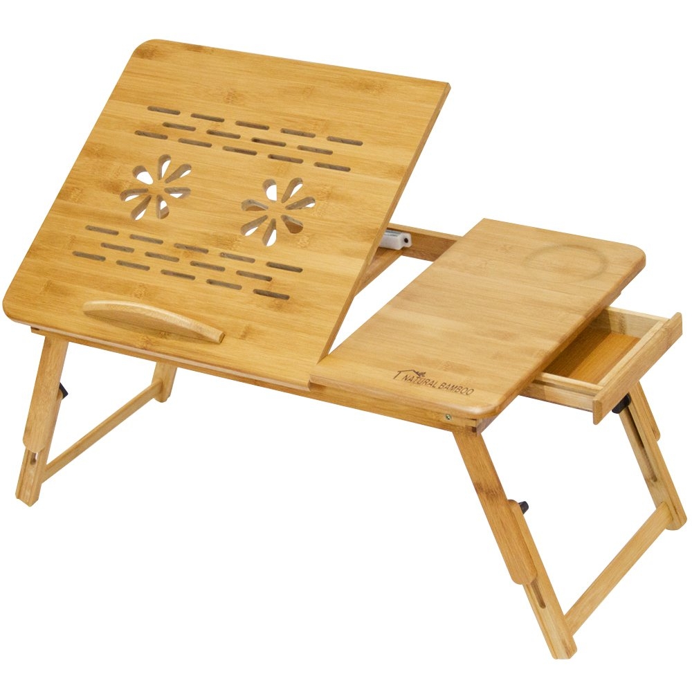Bamboo Adjustable Laptop Desk Table, Natural Bamboo Adjustable Desk [100% Organic] for Laptop Table/ Reading Desk/ Breakfast Serving Bed Tray with Tilting Top Drawer