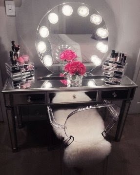 desk with mirror and lights