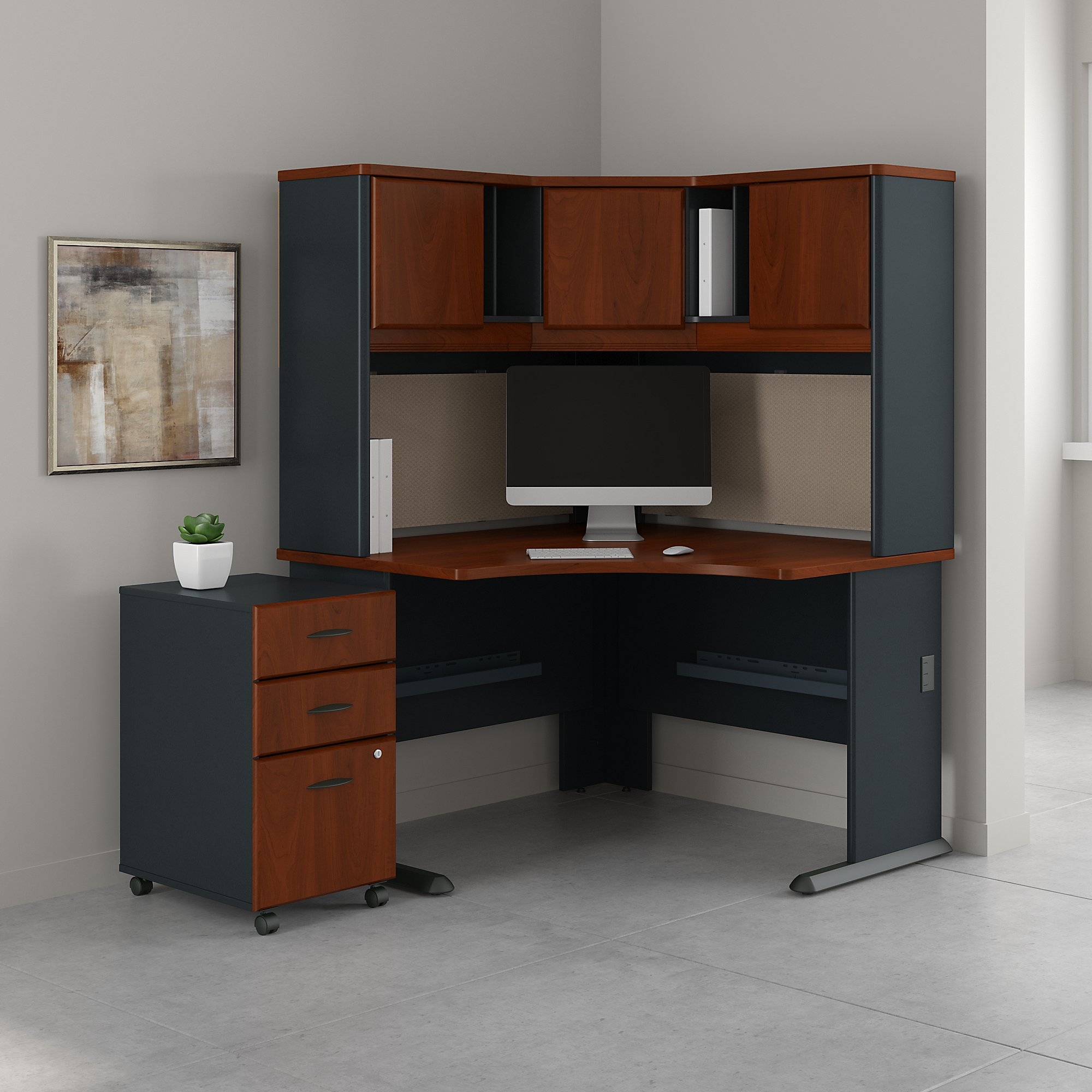 Corner Desk With Hutch VisualHunt   Bush Business Furniture Series A 48 By 48 Corner Desk With Hutch And 3 Drawer Mobile Pedestal Hansen Cherry 