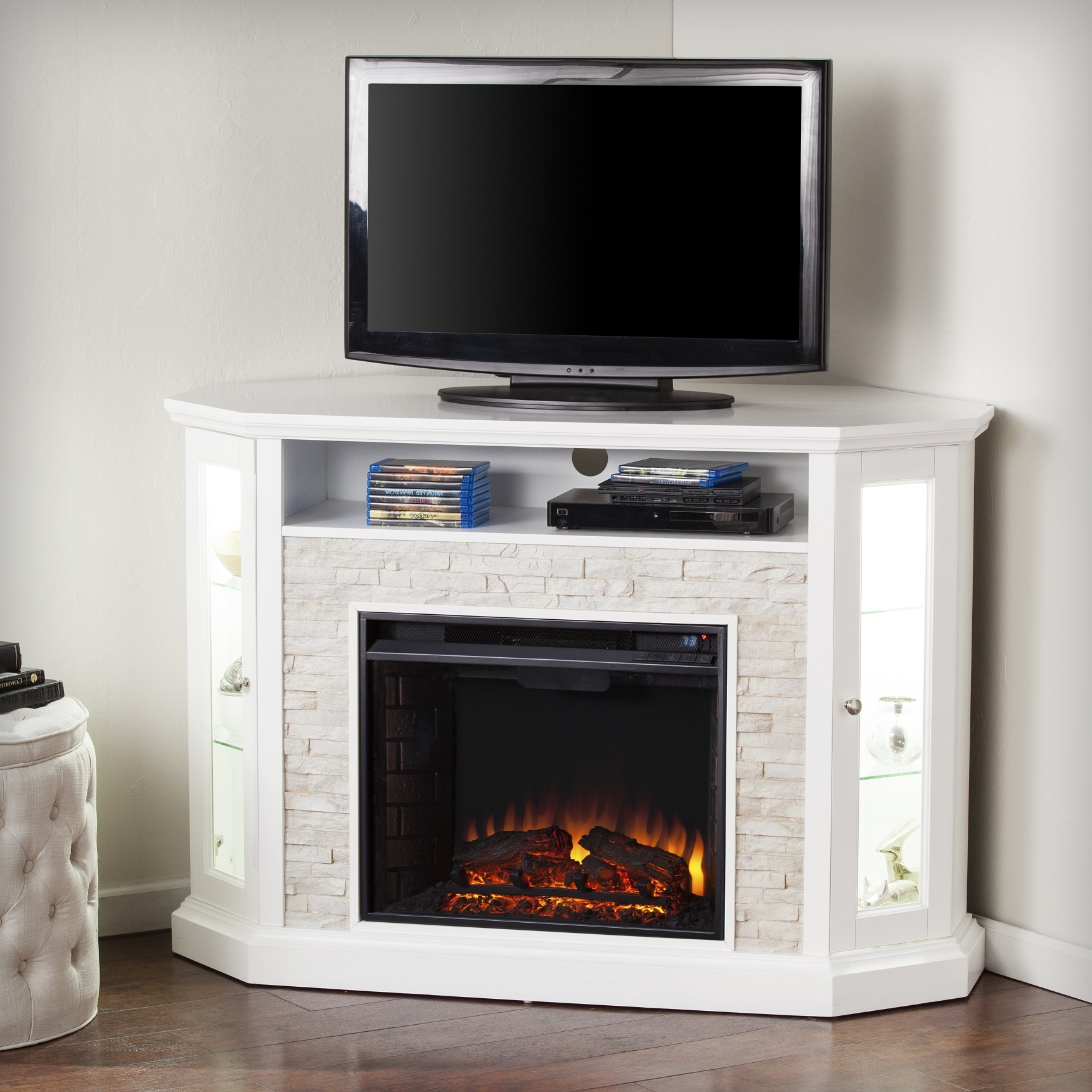 Redden Wall Corner Electric Fireplace TV Stand In White Redden Wall Corner Electric Fireplace TV Stand In White
