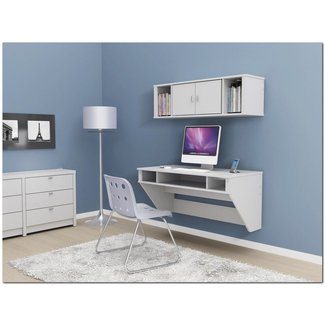 Elegant Wall Mounted Desk with Storage and Hutches on Blue
