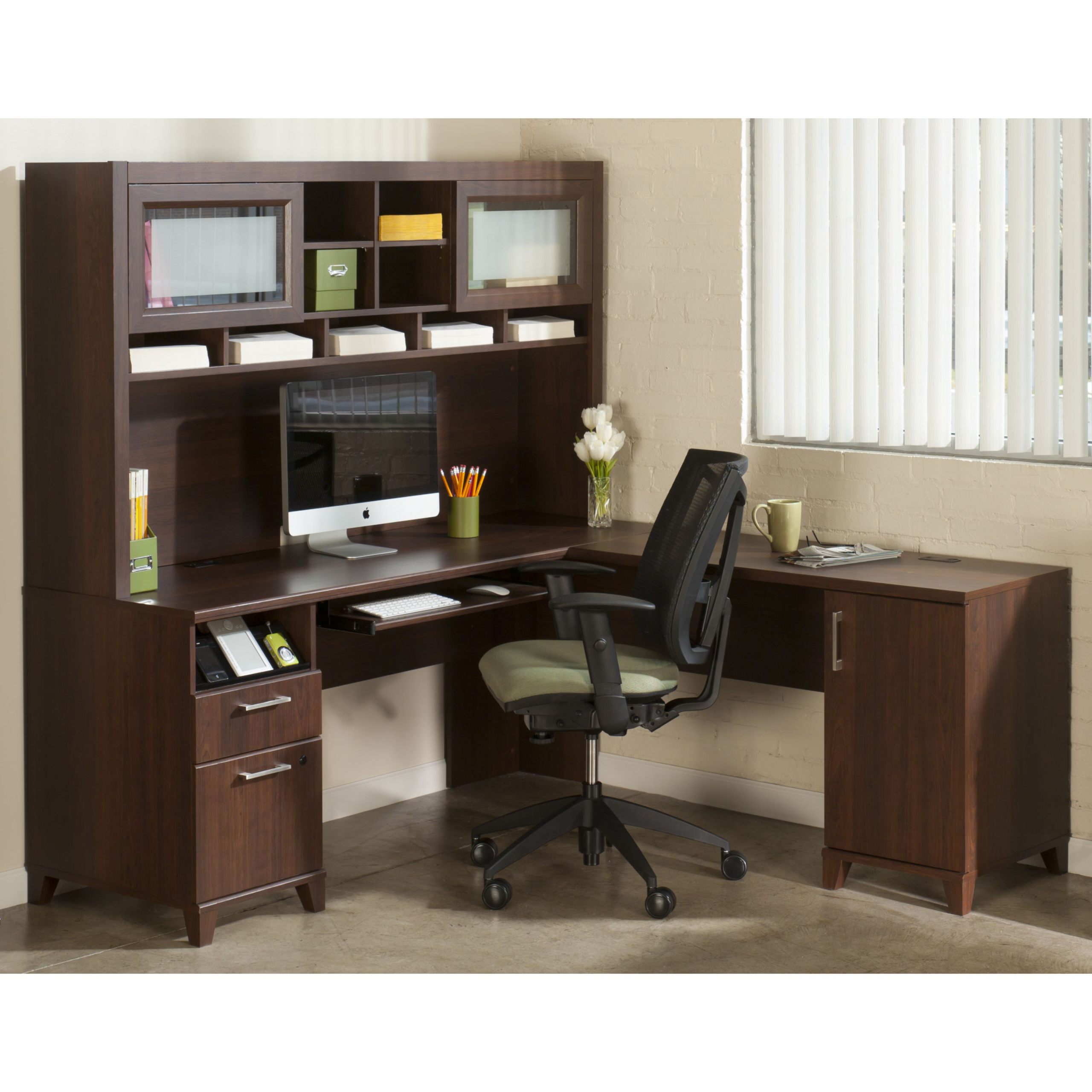 Corner Desk With Hutch Visualhunt, Corner Desk With Shelves Above And Drawers