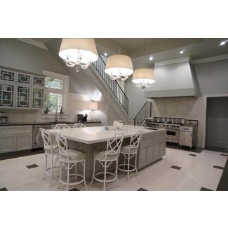 Gray Kitchen Island with White Bamboo Counter Stools ...