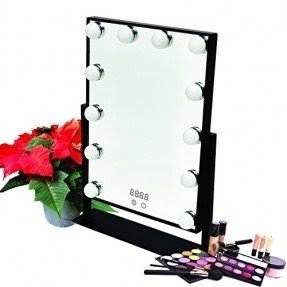 Hollywood Table Top Make Up Vanity Mirror Dimmable LED Light Bulbs & Touch Control Design & Digital Time by Estala (Black)