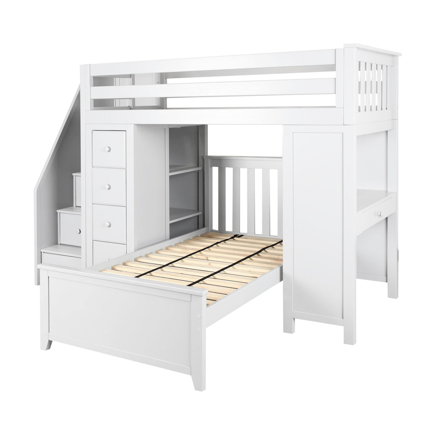 white loft bed with desk and stairs