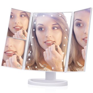 Lighted Makeup Mirror, EECOO 21 Led Lights Trifold Vanity Mirror with Touch Screen,1X 2X 3X Magnification and 180 Degree Adjustable Stand Travel Mirror for Countertop Cosmetic Makeup (USB Cable,White)
