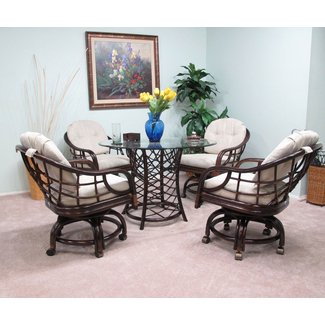 Made in USA Rattan Dining Caster Chair Table Gaming Furniture Newton 5PC Set Cappuccino Finish