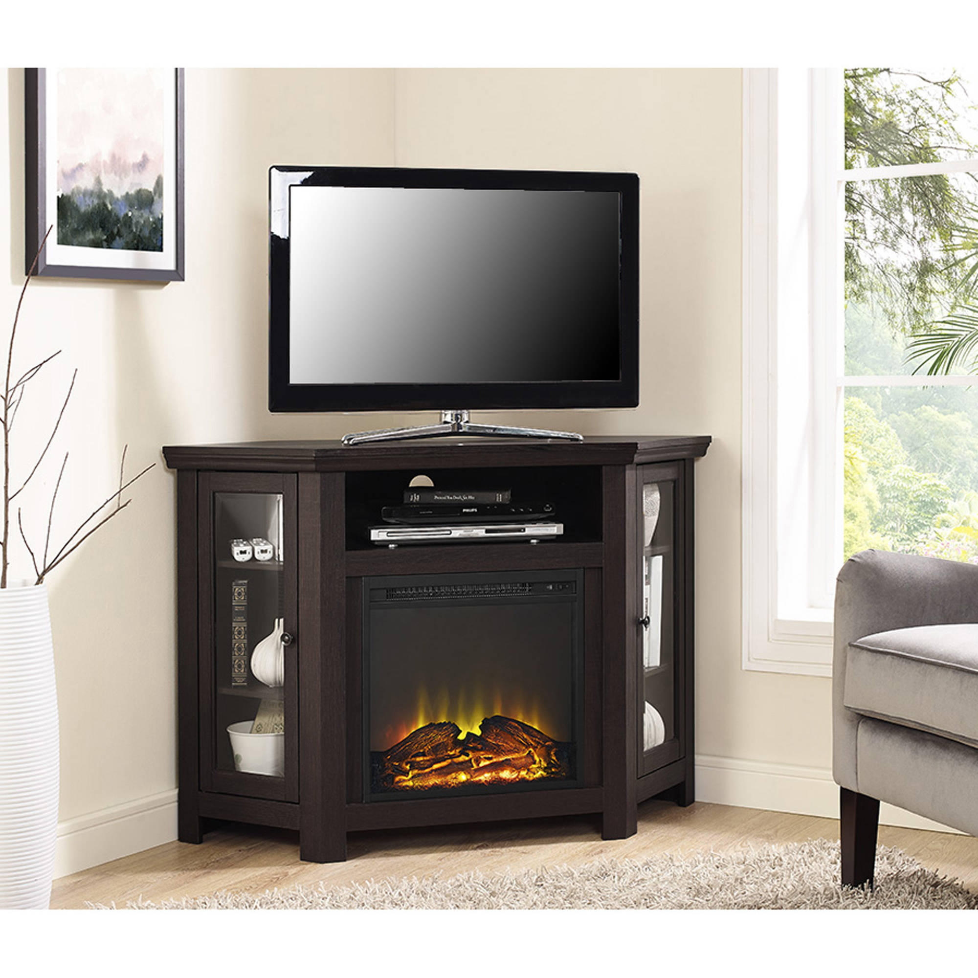 Corner Electric Fireplace Tv Stand, Corner Tv Stand With Built In Surround Sound And Fireplace