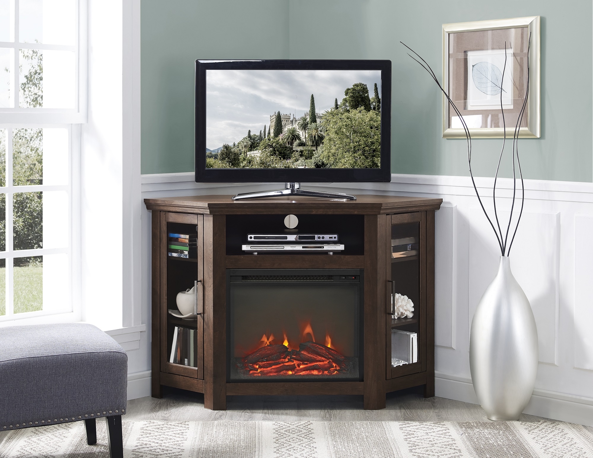 New 48 Inch Wide Corner Fireplace Television Stand in Traditional Brown Finish