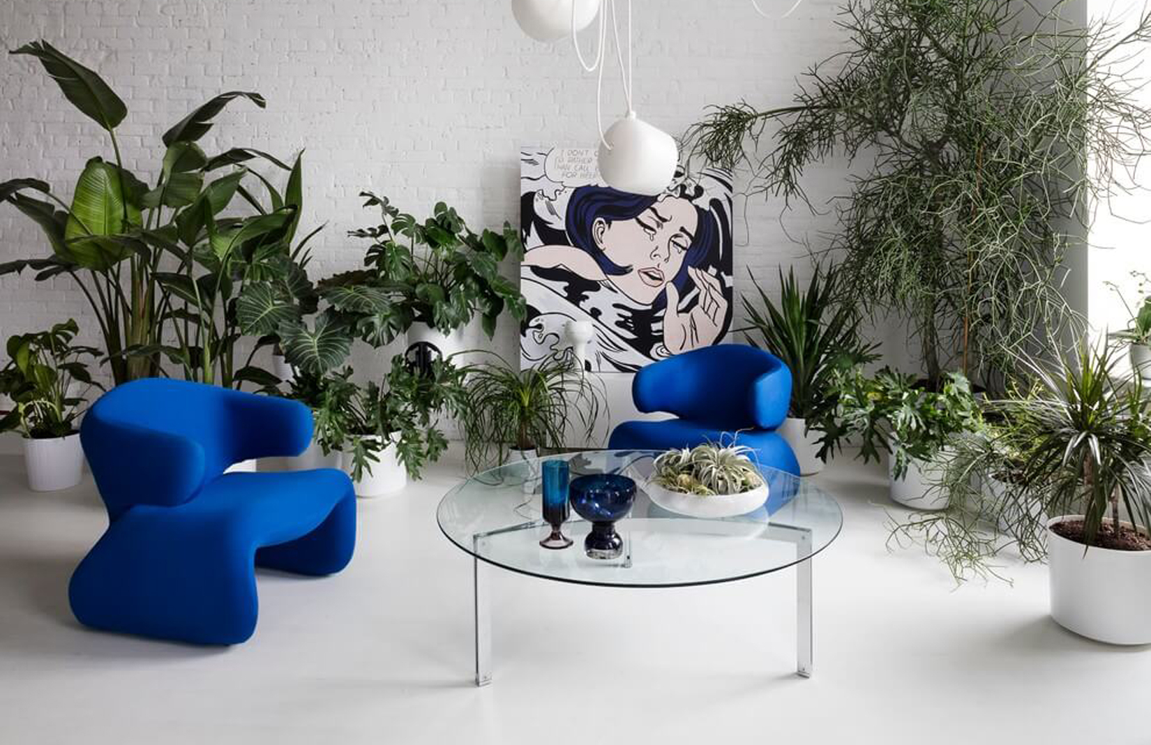 Plants against a white brick wall