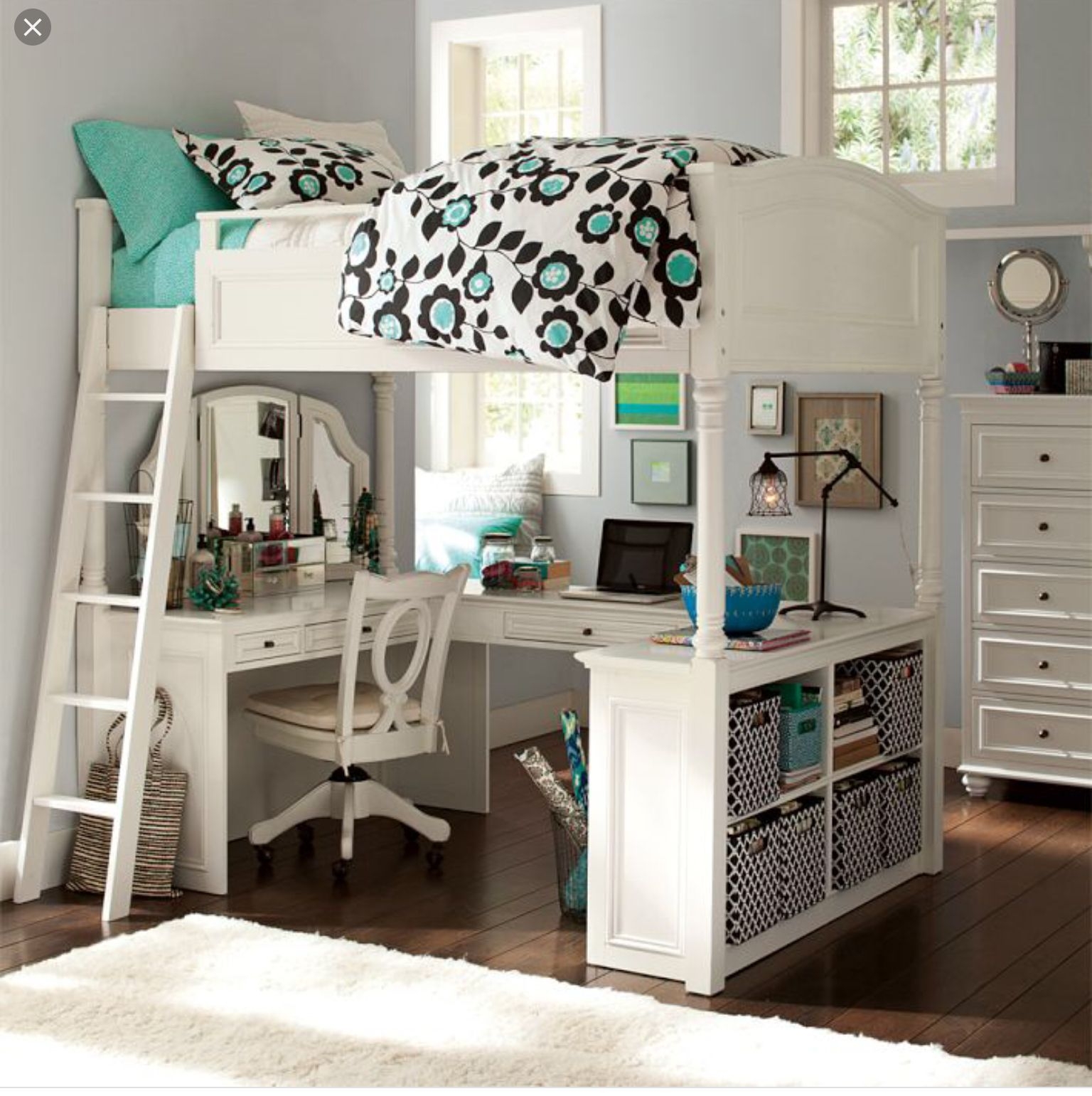 full size white loft bed with desk