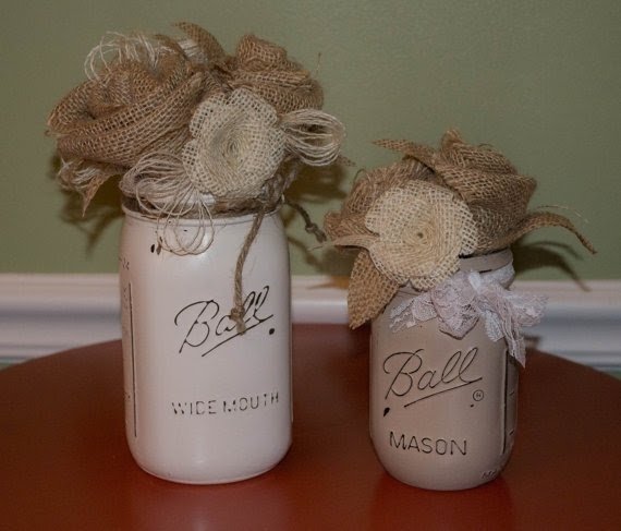 SHABBY CHIC Burlap Mason Jar Flower Arrangements by jaxscorner