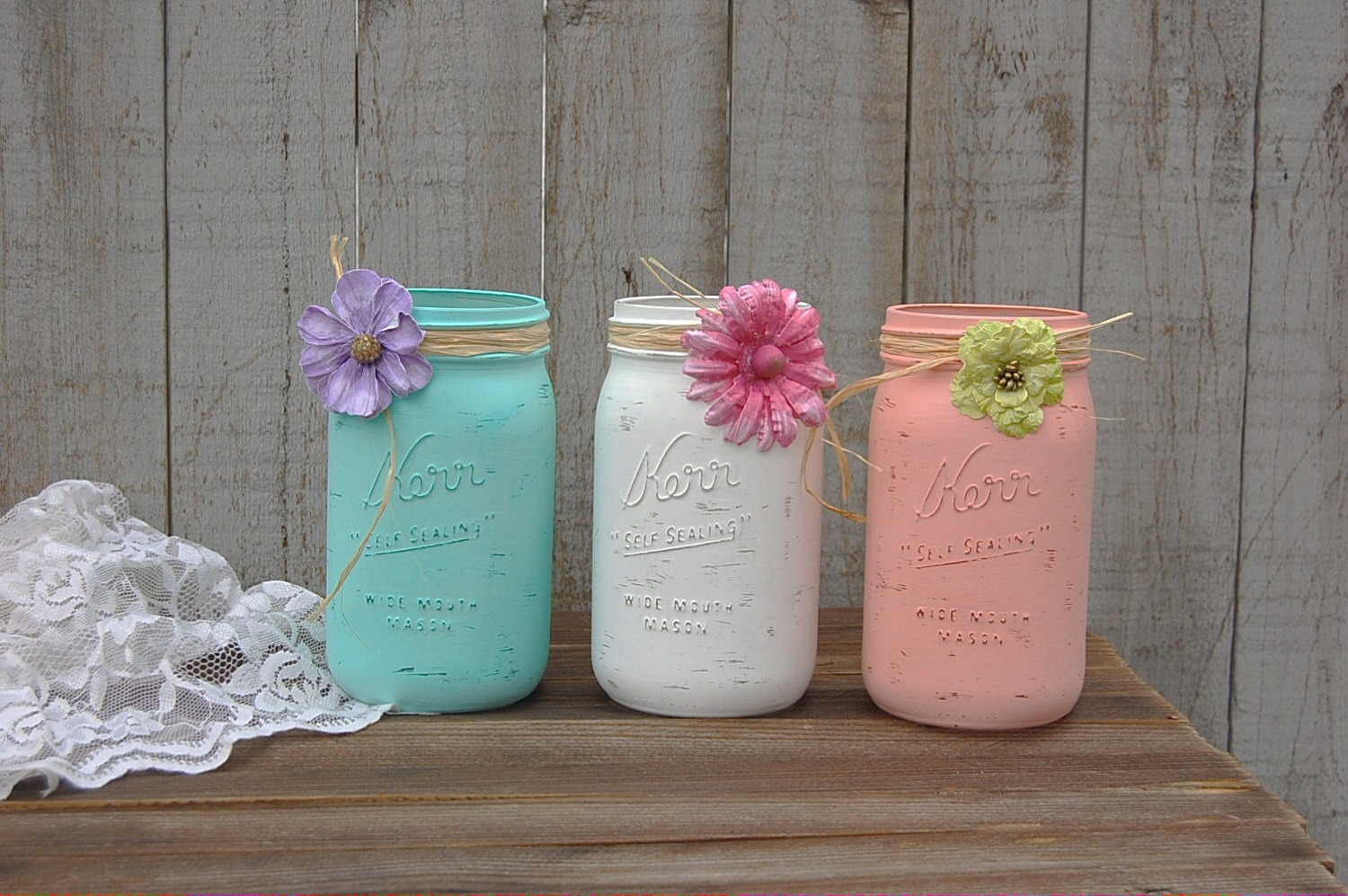Shabby Chic Mason Jars White Mint Green Blush Coral Hand