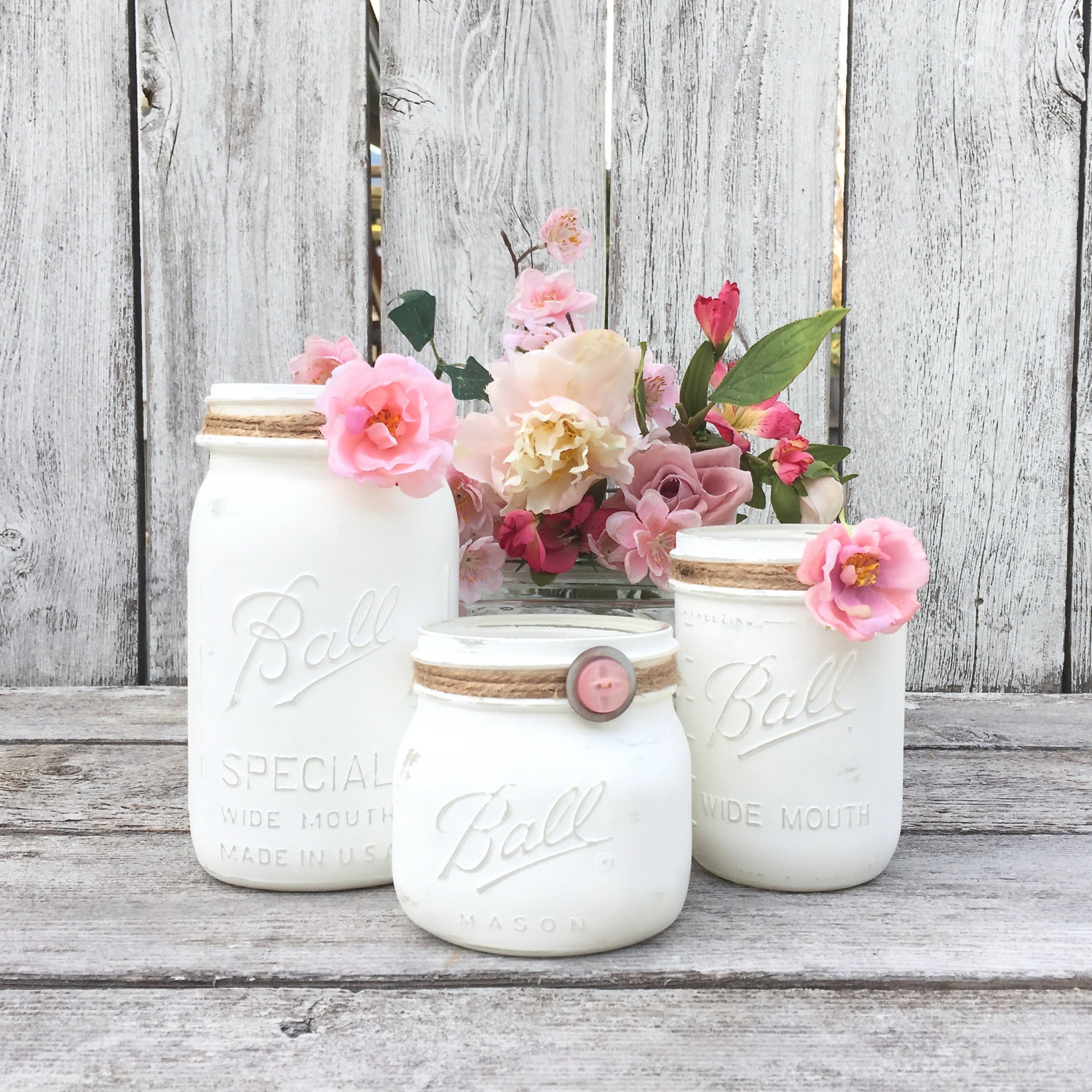 Many Color Options! Shabby Chic Painted Mason Jar w/ Flowers 
