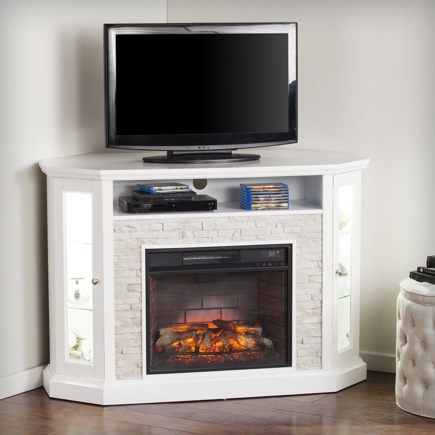 White faux deals fireplace tv stand