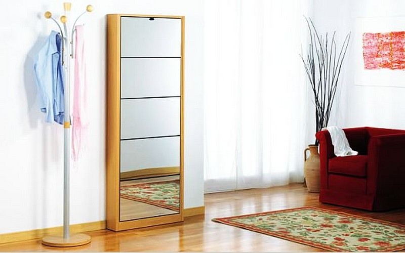 Tall Wooden Shoe Cabinet Design with Mirrors