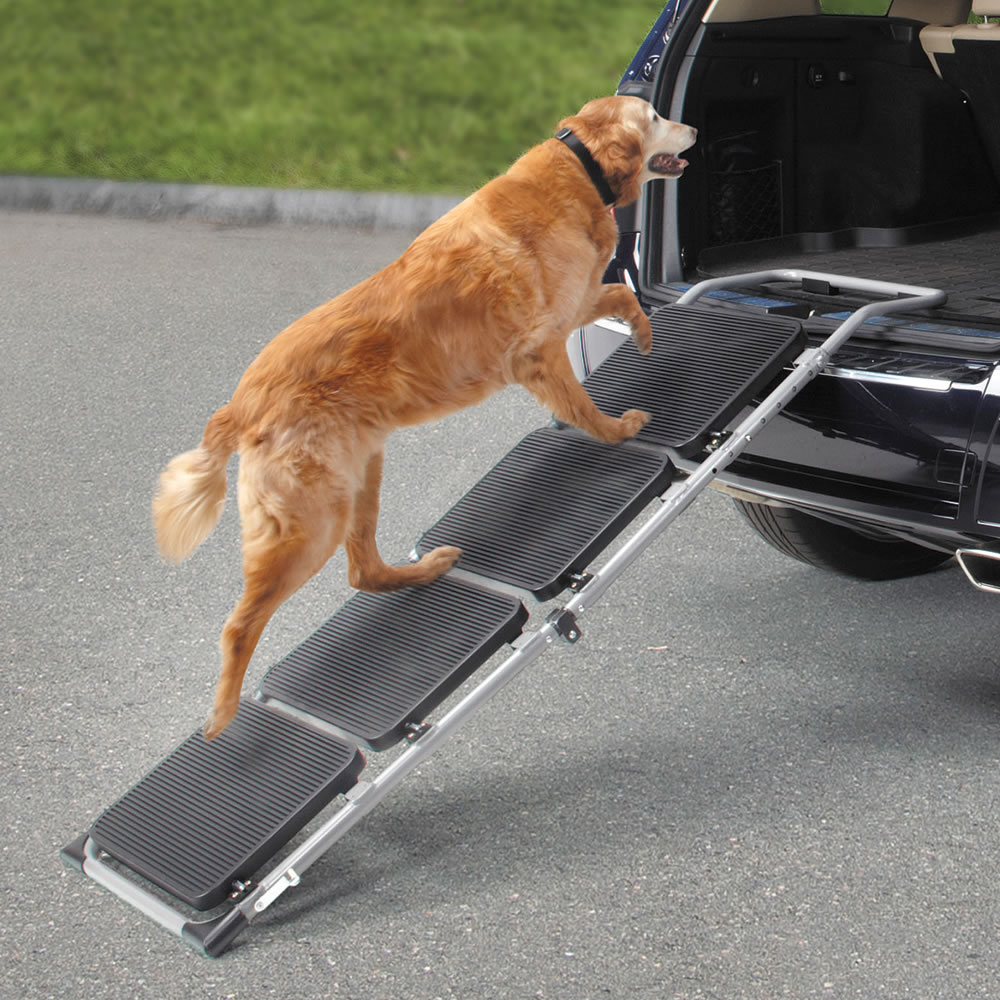 4 Steps Foldable Pet Stairs/Ramp for Small and Large Dogs Great for Cars Lightweight SUVs and Beds Portable Includes Safety Tether for Dogs up to 120 LBS 