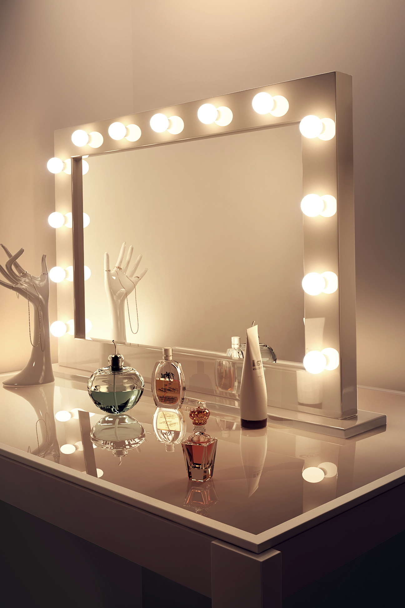 makeup mirrors with lights around them