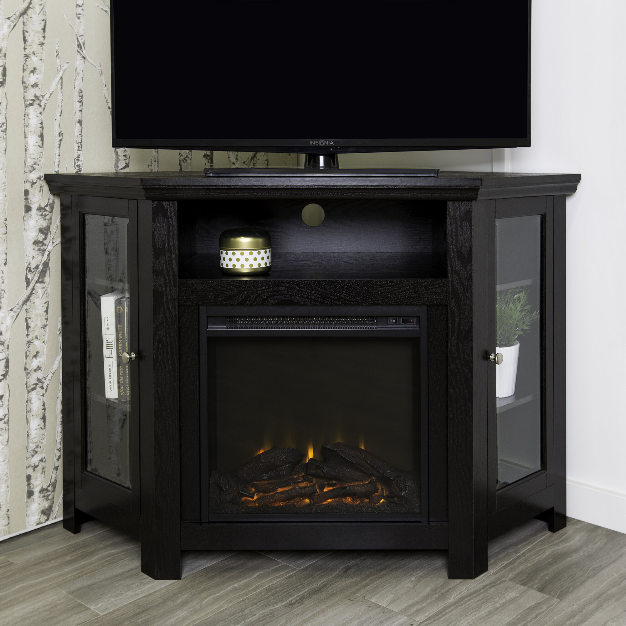 WE Furniture 48" Corner Wood Fireplace TV Stand