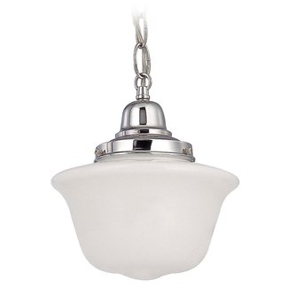 10 Inch Hanging Schoolhouse Mini Pendant Light with Chain in Chrome Finish and Milk Glass Shade