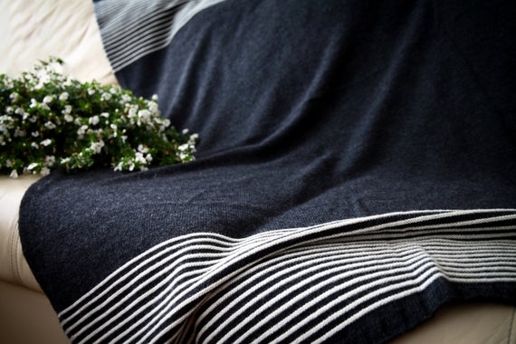100 % Merino Wool blanket Charcoal grey striped throw