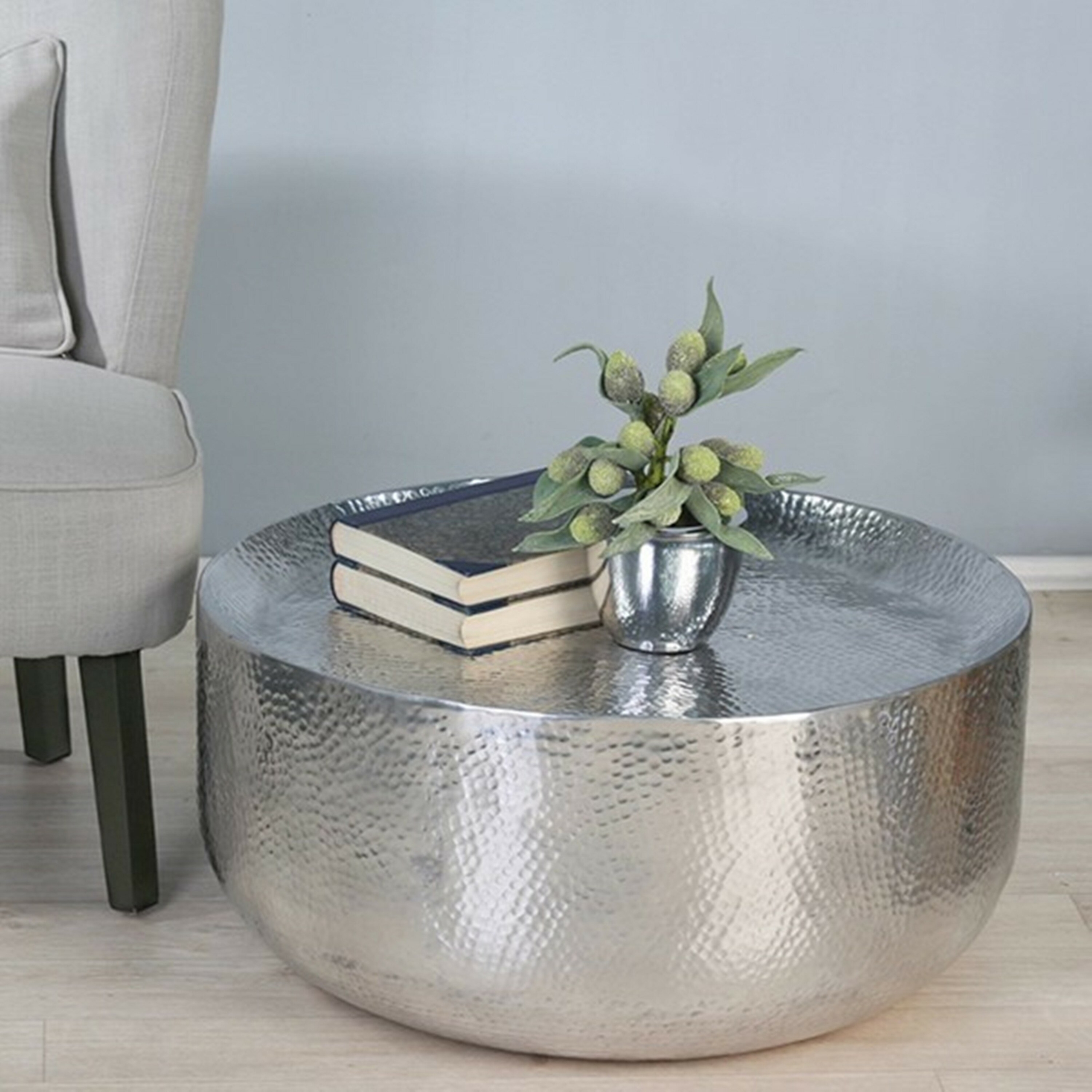 MODERN FURNITURE DIRECT Ember Unique & Stylish Round Gold Tray Top Coffee Table Small Metal Moroccan Style Living Room Occasional Cocktail Tea Table 