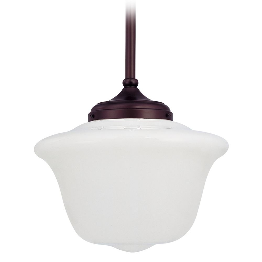 14 Inch Hanging Schoolhouse Pendant Light in Bronze Finish and Opal White Glass Shade