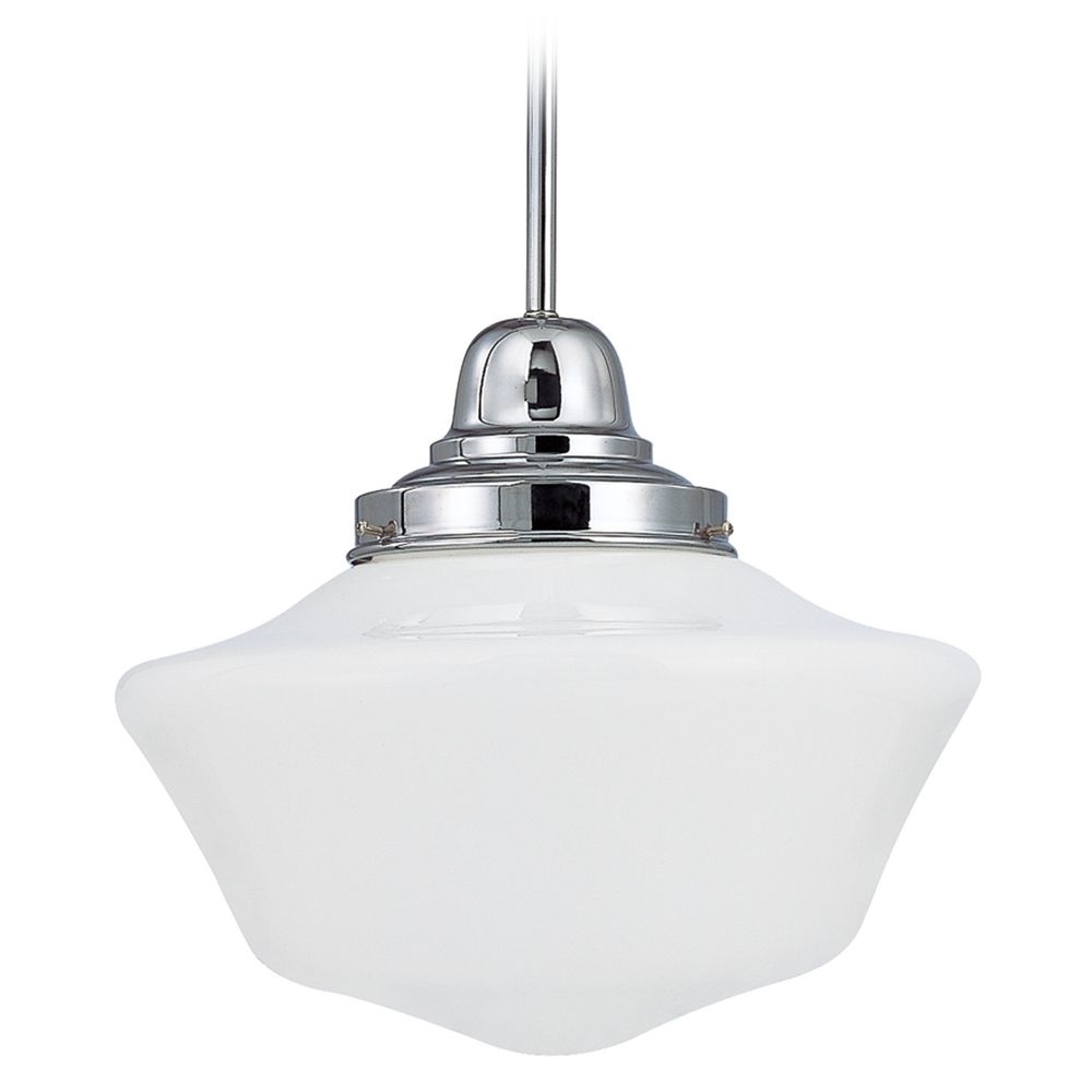 14 Inch Hanging Schoolhouse Pendant Light in Chrome Finish and Opal White Glass Shade