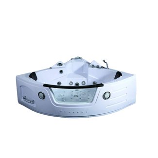 2 Person Whirlpool Massage Hydrotherapy White Corner Bathtub Tub with BLUETOOTH, Remote Control, Inline Water Heater, and Shower Wand