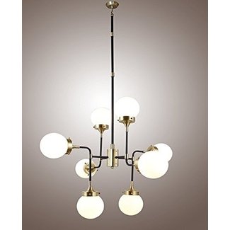 35" Bistro Globe Glass 8-Light Chandelier (Brass Finish/Milk White Glass) contemporary chandelier ceiling Light Fixture Pendant Globe Ball