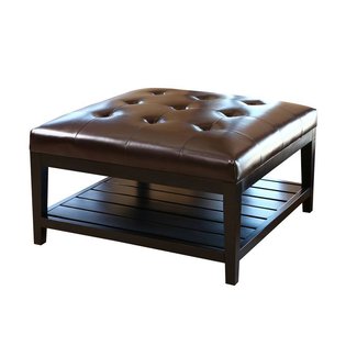 Abbyson Villagio Tufted Leather Square Coffee Table Ottoman, Dark Brown