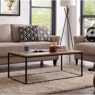Accent Modern Coffee Table in Living Room Rectangular Industrial Style with Black Metal Box Frame Sofa Solid Wood Table Top