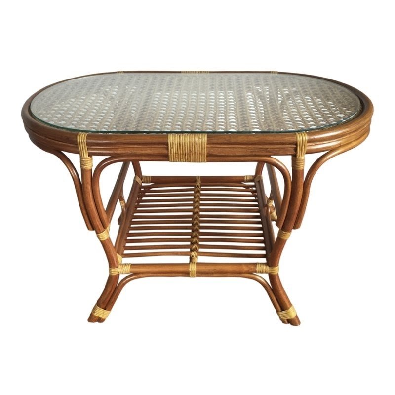 Dark Brown Coffee Oval Pelangi Table with Glass Top Natural Wicker Rattan 