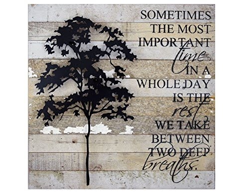 American Made Reclaimed Wood with Metal Tree Wall Sculpture: Between Two Deep Breaths Quote, 20" Square