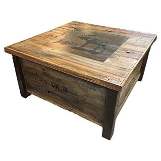 Authentic Barnwood Blanket Storage Coffee Table with Customizable Tile Scene