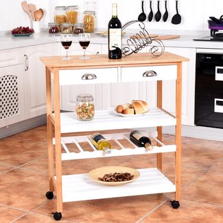Bamboo Rolling Kitchen Trolley Cart Storage Island Utility w/Drawers&Shelf