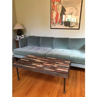 Barnwood coffee table in beautiful mosaic pattern with industrial pipe legs.