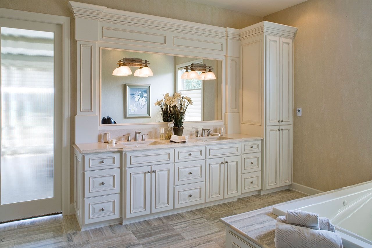 Vanity cabinets linen double vanities mirror sinks doors wardcraft natural bath onyx fontana stain oak bathrooms master