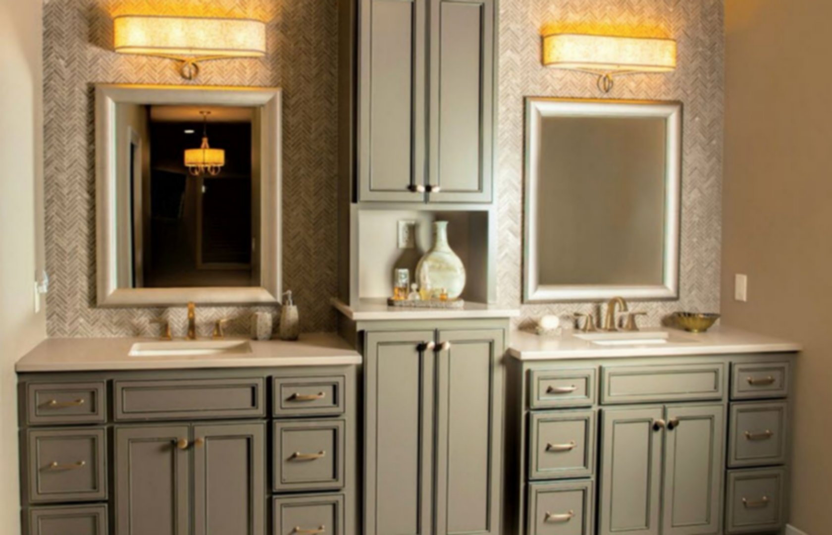 Bathroom Vanity And Linen Cabinet Combo, Double Vanity With Storage Tower In The Middle