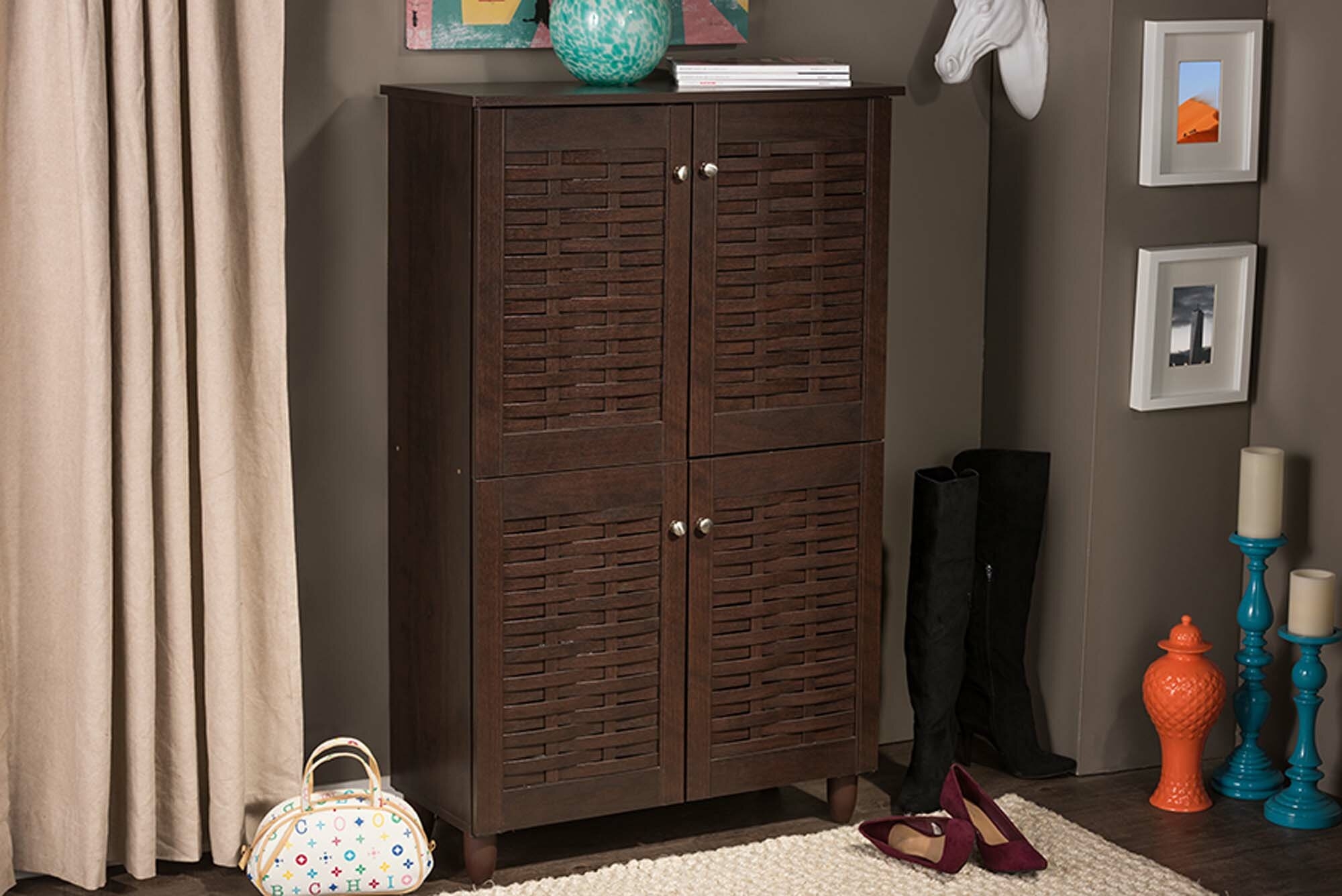 Baxton Studio Wholesale Interiors Winda Modern and Contemporary 4-Door Dark Brown Wooden Entryway Shoes Storage Cabinet