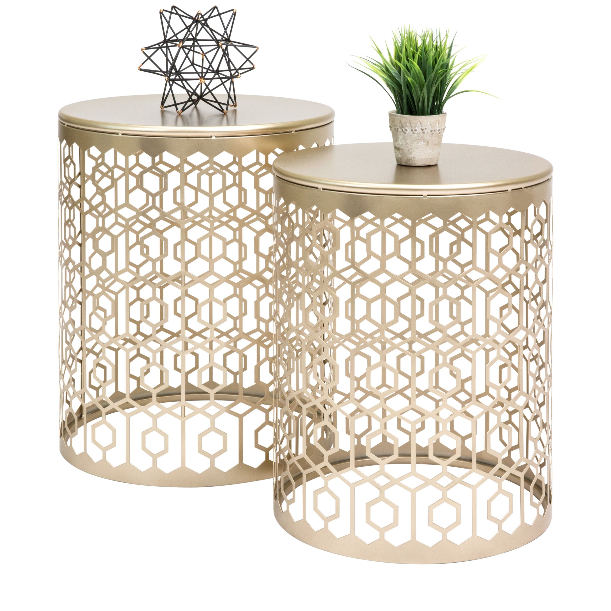 Best Choice Products Round Nesting Accent Tables, Geometric Detail Decorative Nightstands, Side, End Tables – Set of 2 – Gold