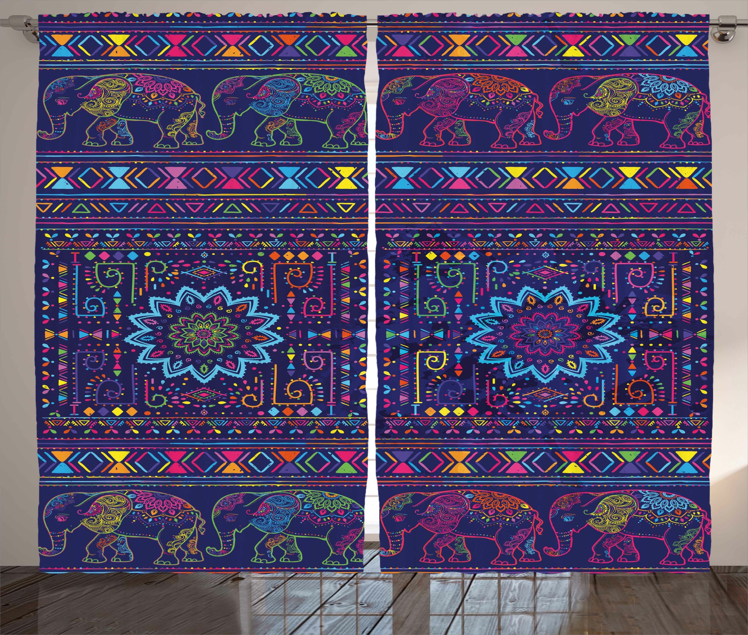 Birrell Traditional Middle Eastern Moroccan Persian Baby Elephants Embellished Boho Print Graphic Print & Text Semi-Sheer Rod Pocket Curtain Panels (Set of 2)