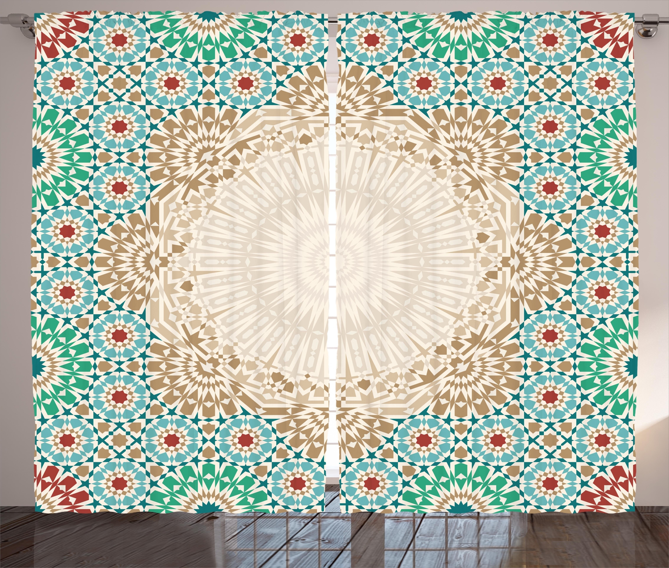 Boevange Moroccan Ottoman Mosaic Art Pattern with Oriental Floral Forms Antique Scroll Ceramic Boho Print Graphic Print & Text Semi-Sheer Rod Pocket Curtain Panels (Set of 2)