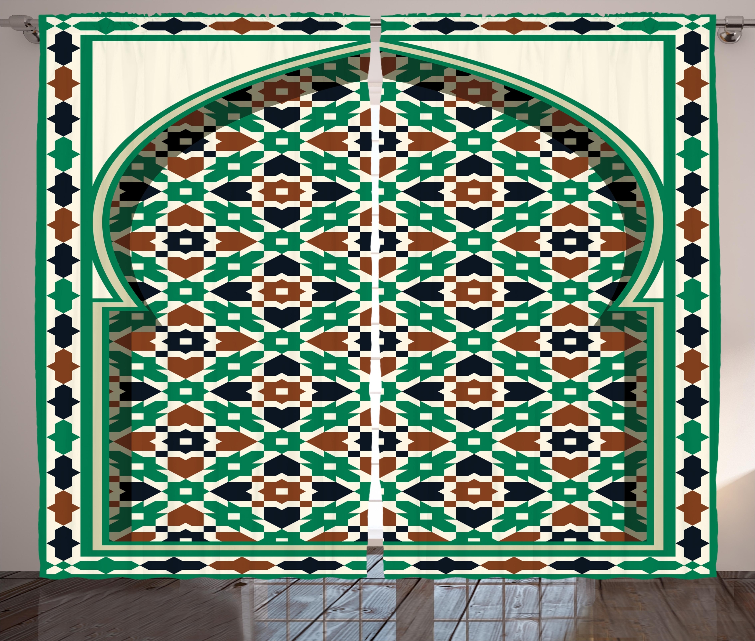 Briawood Moroccan Middle Eastern Moroccan Arch with Medieval Floral Details Retro Mosque ation Graphic Print & Text Semi-Sheer Rod Pocket Curtain Panels (Set of 2)