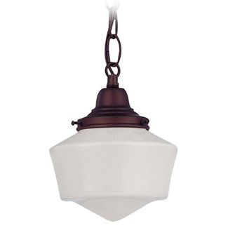 Bronze 6 Inch Hanging Schoolhouse Mini Pendant Light with Chain in Nuevelle Bronze Finish and Milk Glass Shade