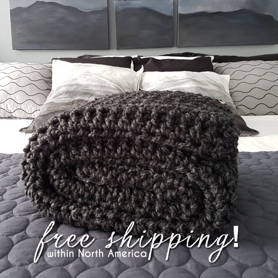Charcoal Grey Crochet Blanket Wool Blanket Throw Blanket