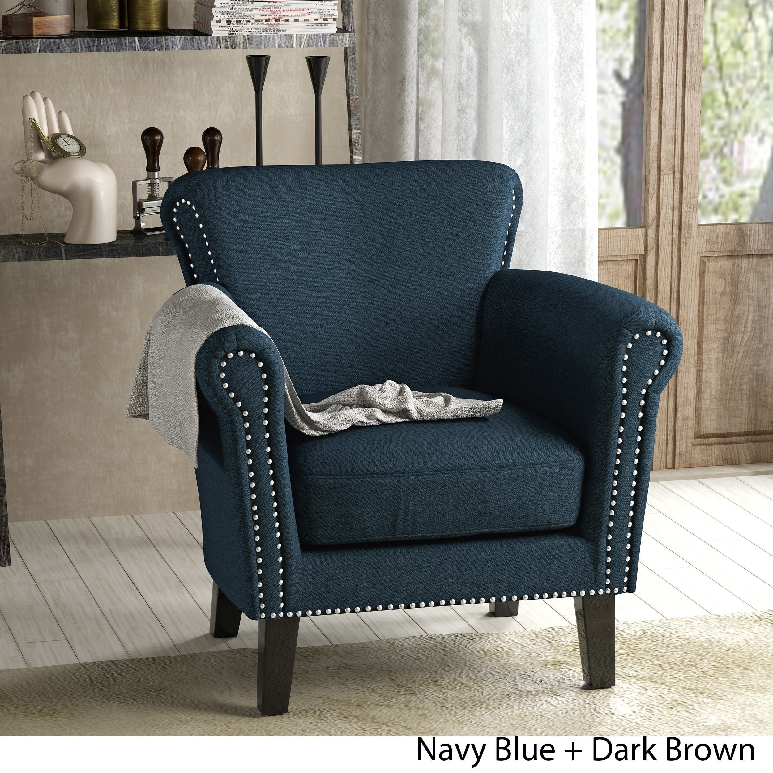 Christopher Knight Home 302568 Brice-CKH Arm Chair Navy Blue + Dark Brown