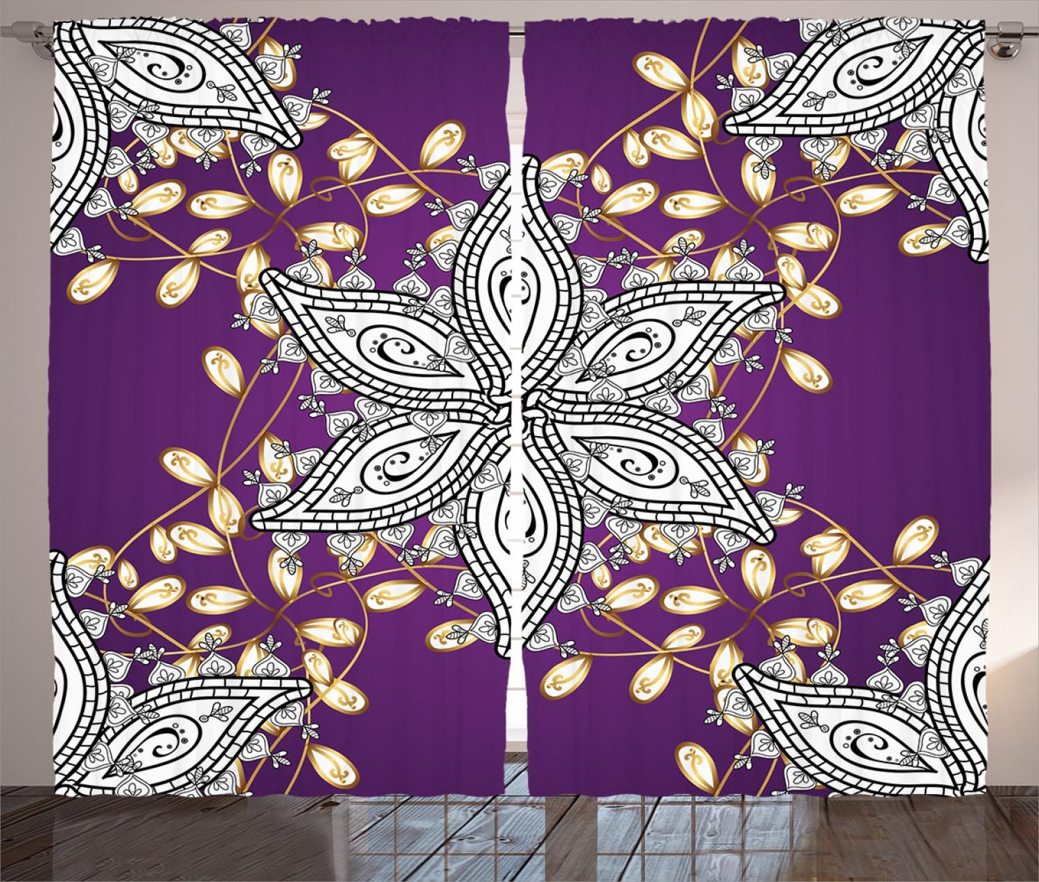 Claus Mauve Vintage Oriental Display with Moroccan Middle East Floral Petals with Details Graphic Print & Text Semi-Sheer Rod Pocket Curtain Panels (Set of 2)